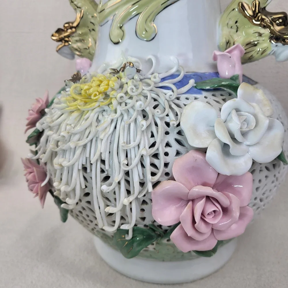 Vintage Large Porcelain Dragon Handle Reticulated Floral Vase Gold‎ Gilt 17 Inch